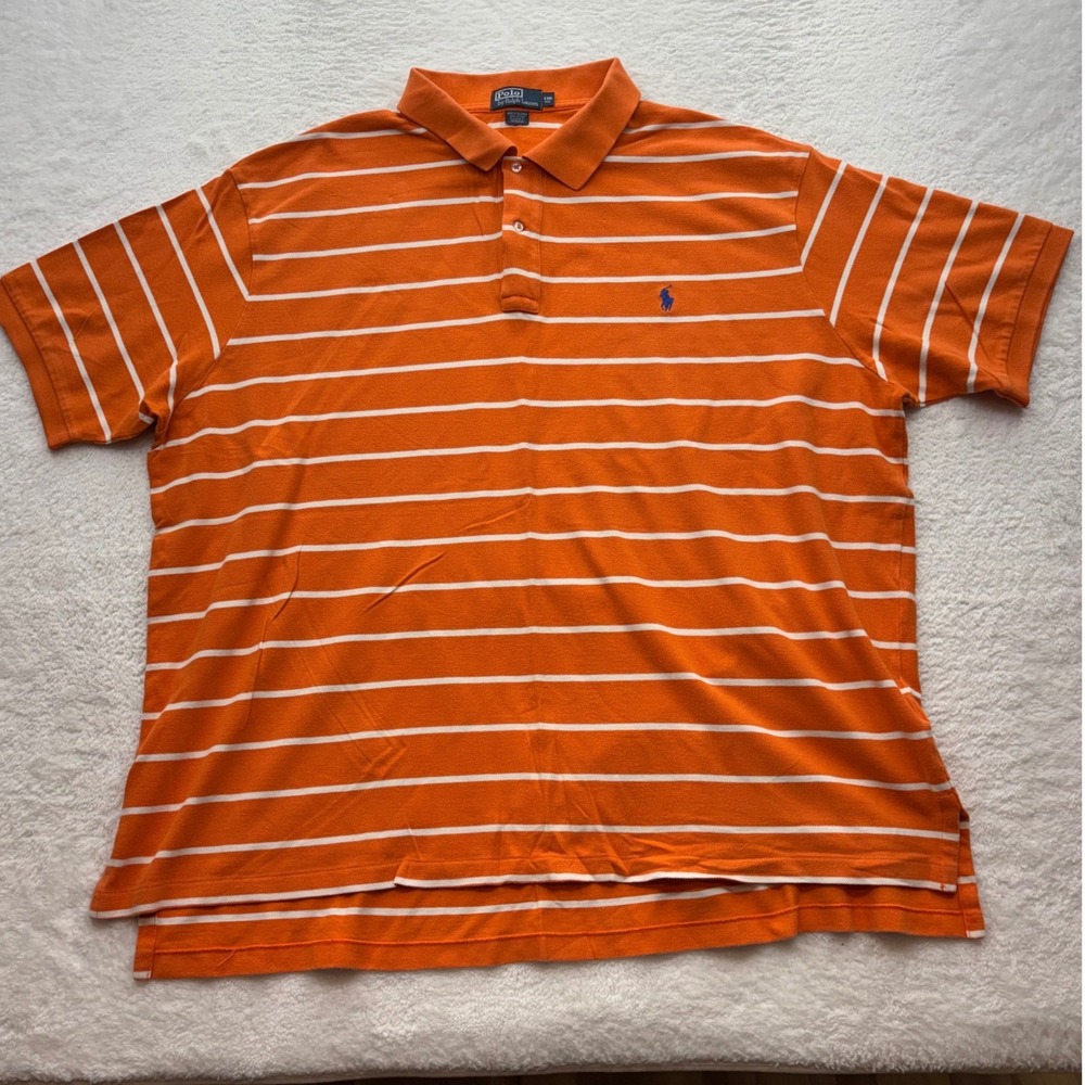Polo Ralph Lauren Mens 4XB Orange White Striped Short Sleeve Pique Polo Shirt